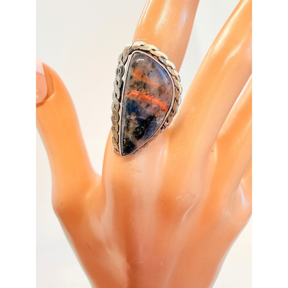 Southwestern Silver plated Jasper Statement Ring Size 6 Triangular Twisted Rope